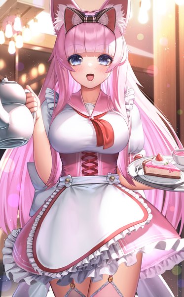 Anime picture 1000x1607 with vrchat suraimu (suraimuraimu) single long hair tall image looking at viewer blush fringe breasts open mouth light erotic smile large breasts standing purple eyes holding animal ears payot pink hair indoors