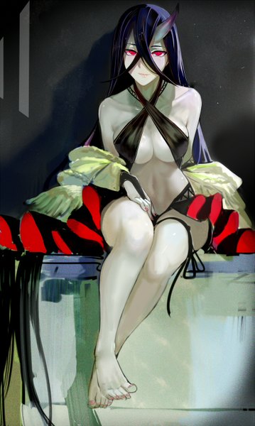Anime picture 775x1294 with kantai collection battleship water oni walzrj single tall image looking at viewer blush fringe breasts light erotic black hair hair between eyes red eyes sitting bare shoulders cleavage indoors very long hair barefoot horn (horns)