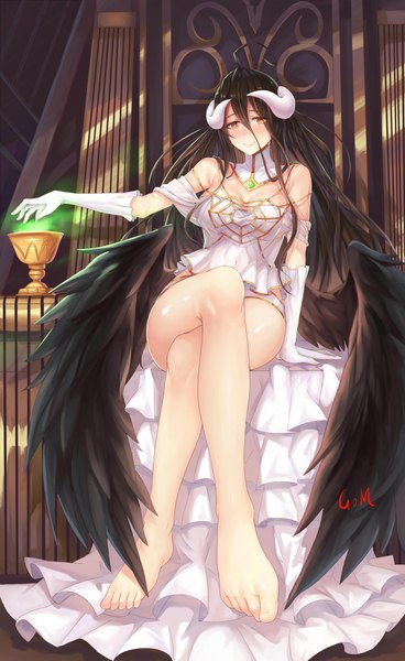 Anime picture 2604x4245 with overlord (maruyama) madhouse albedo (overlord) xiao miao single long hair tall image looking at viewer blush fringe highres breasts light erotic black hair smile hair between eyes large breasts sitting bare shoulders signed