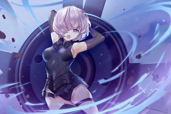 Anime picture 1181x789 with fate (series) fate/grand order mash kyrielight littleamber single looking at viewer fringe short hair open mouth light erotic purple eyes purple hair hair over one eye armpit (armpits) screaming girl armor