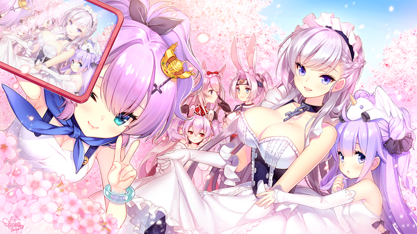 Anime picture 1800x1013 with azur lane belfast (azur lane) unicorn (azur lane) laffey (azur lane) javelin (azur lane) hammann (azur lane) hiryuu (azur lane) dmyomyo long hair looking at viewer blush fringe highres short hair breasts open mouth blue eyes light erotic smile hair between eyes