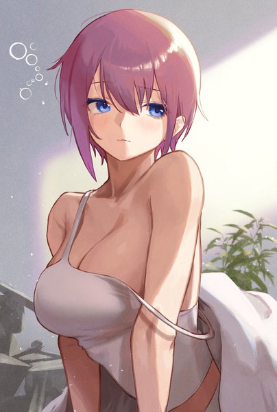 Anime picture 1422x2113 with go-toubun no hanayome nakano ichika sooon single tall image blush fringe short hair breasts blue eyes light erotic hair between eyes large breasts bare shoulders looking away pink hair upper body strap slip under covers waking up