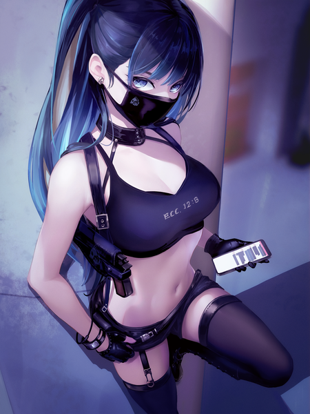 Anime-Bild 1920x2560 mit blue archive saori (blue archive) saya kuroha single long hair tall image looking at viewer fringe highres breasts blue eyes light erotic black hair standing holding cleavage blunt bangs alternate costume one side up gradient background