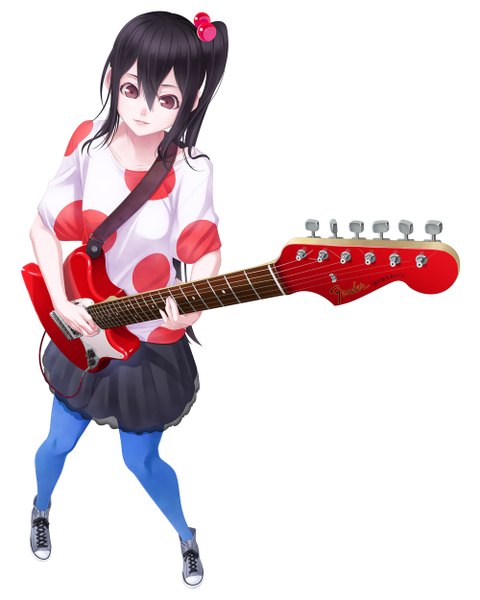 Anime picture 1000x1250 with k-on! kyoto animation nakano azusa hamada youho single long hair tall image black hair simple background white background brown eyes girl skirt miniskirt guitar