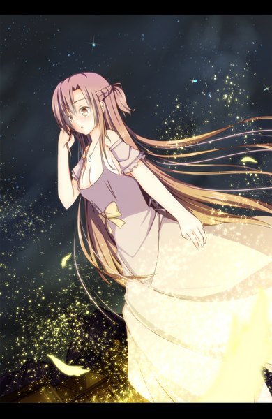Anime picture 1000x1538 with sword art online a-1 pictures yuuki asuna shirotaso0818 single long hair tall image blush fringe brown hair brown eyes braid (braids) night alternate costume glowing girl bow petals star (stars)