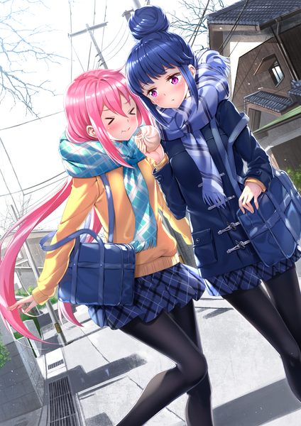 Anime-Bild 1102x1560 mit yurucamp kagamihara nadeshiko shima rin swordsouls long hair tall image blush fringe hair between eyes multiple girls holding payot blue hair pink hair outdoors eyes closed pleated skirt pink eyes :o hair bun (hair buns)