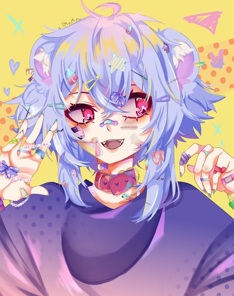 Anime picture 1707x2160 with virtual youtuber kaibutsu (vtuber project) toro toro min arts single tall image fringe highres short hair open mouth simple background smile hair between eyes signed animal ears payot blue hair looking away ahoge nail polish