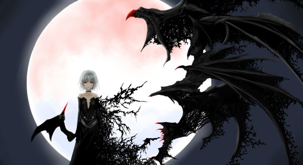 Anime picture 3000x1636 with touhou remilia scarlet clavis single highres short hair red eyes wide image bare shoulders silver hair vampire girl dress wings black dress moon collar full moon bat