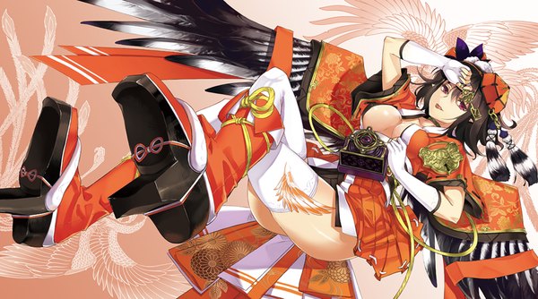 Anime picture 1000x558 with touhou shameimaru aya tsurukame single looking at viewer short hair breasts light erotic black hair red eyes wide image girl thighhighs hat white thighhighs wings fingerless gloves camera