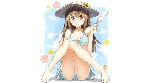 Anime picture 1920x1080 with koi suru kanojo no bukiyou na butai togawa mayuu kantoku single long hair looking at viewer blush fringe highres breasts light erotic smile hair between eyes brown hair wide image white background sitting full body bent knee (knees) pink eyes