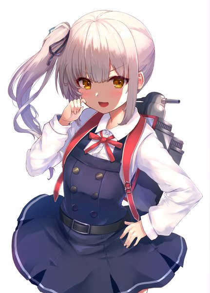 Anime picture 2382x3316 with kantai collection kasumi destroyer o-sirius single tall image blush highres open mouth simple background white background yellow eyes payot :d hand on hip side ponytail shaded face remodel (kantai collection) girl dress ribbon (ribbons)