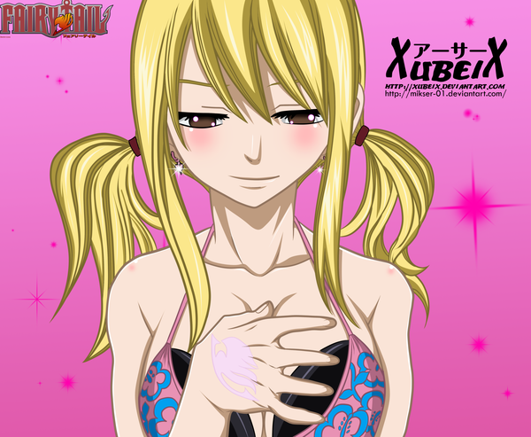 Anime picture 5057x4159 with fairy tail lucy heartfilia gold-mk single long hair blush highres light erotic simple background blonde hair smile twintails bare shoulders brown eyes absurdres inscription tattoo coloring portrait pink background