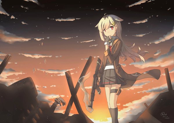 Anime-Bild 3508x2480 mit kantai collection yuudachi destroyer hinbackc single long hair looking at viewer fringe highres blonde hair red eyes standing holding signed absurdres cloud (clouds) ahoge outdoors pleated skirt night night sky