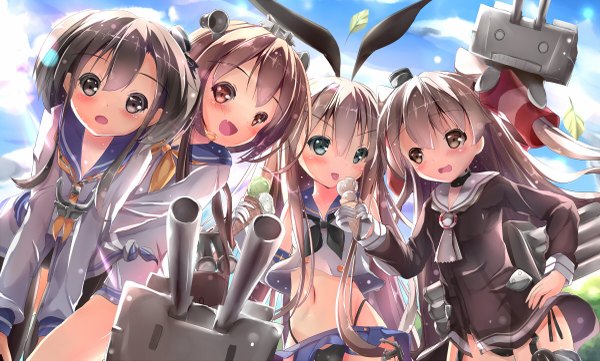 Anime picture 1200x723 with kantai collection shimakaze destroyer rensouhou-chan amatsukaze destroyer rensouhou-kun yukikaze destroyer tokitsukaze destroyer na!? (naxtuyasai) long hair blush open mouth blue eyes light erotic black hair brown hair wide image multiple girls brown eyes grey hair black eyes