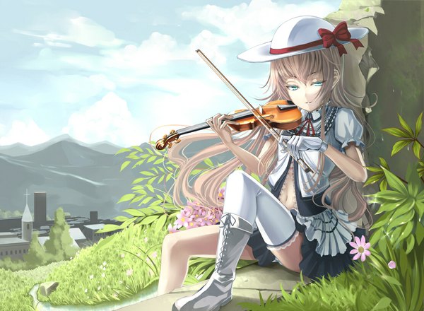 Anime picture 1109x814 with shiokonbu light erotic blonde hair green eyes pantyshot pantyshot sitting mountain thighhighs skirt gloves navel underwear panties flower (flowers) bow hat miniskirt white thighhighs white panties violin