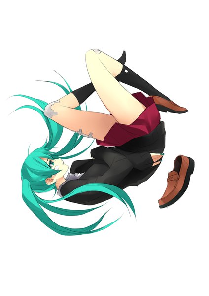Anime picture 1080x1528 with vocaloid rolling girl (vocaloid) hatsune miku kriss sison single long hair tall image simple background white background twintails nail polish aqua eyes aqua hair bandaid on leg bandaid on knee girl skirt miniskirt boots bandaid