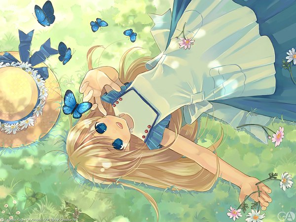 Anime picture 1024x768 with alice in wonderland alice (wonderland) single long hair open mouth blue eyes blonde hair lying girl dress flower (flowers) hat insect butterfly apron