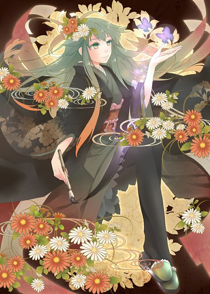 Anime picture 788x1101 with original plastick single long hair tall image green eyes traditional clothes japanese clothes green hair girl flower (flowers) kimono paintbrush calligraphy brush