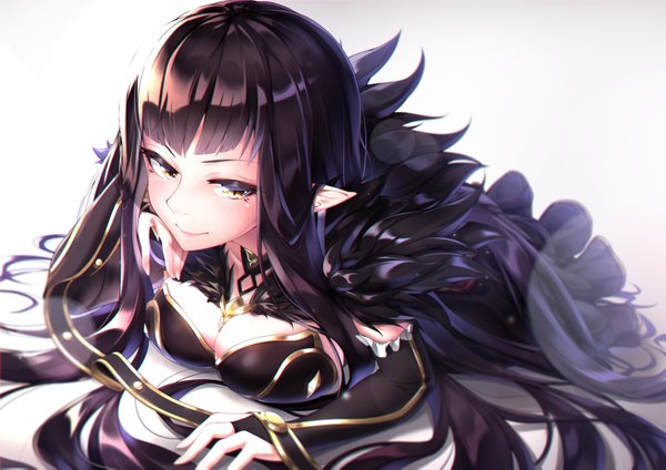 Anime picture 1684x1191 with fate (series) fate/apocrypha semiramis (fate) takatun223 single long hair looking at viewer blush fringe breasts black hair simple background smile large breasts white background yellow eyes cleavage lying blunt bangs pointy ears