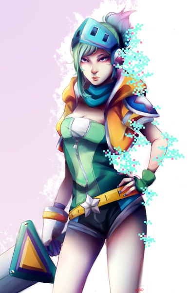 Anime picture 1216x1888 with league of legends riven (league of legends) arcade riven pianorei single tall image looking at viewer short hair simple background purple eyes nail polish fingernails green hair hand on hip girl weapon sword belt clothes