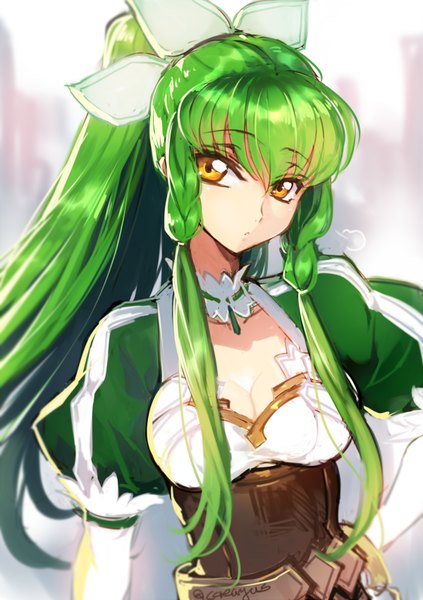 Anime picture 600x850 with sword art online code geass sunrise (studio) a-1 pictures c.c. creayus single long hair tall image looking at viewer fringe twintails signed cleavage upper body ponytail braid (braids) long sleeves green hair puffy sleeves
