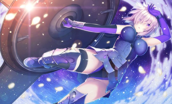Anime picture 1400x845 with fate (series) fate/grand order mash kyrielight benitsuki tsubasa single looking at viewer blush fringe short hair breasts light erotic wide image large breasts purple eyes purple hair cloud (clouds) hair over one eye girl gloves weapon