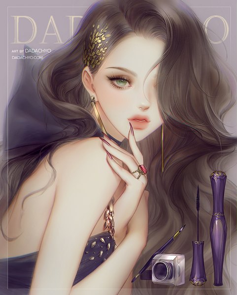 Anime picture 900x1122 with original dadachyo single long hair tall image fringe brown hair green eyes signed upper body nail polish fingernails lips hair over one eye wavy hair long fingernails makeup fashion girl hair ornament