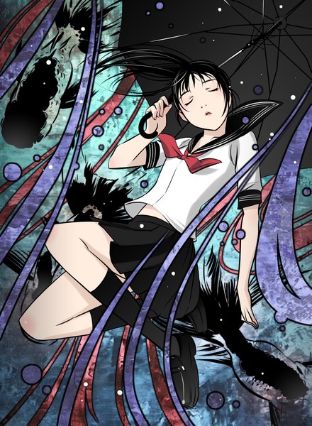 Anime picture 1467x2000 with original hino kahoru single long hair tall image open mouth black hair ponytail eyes closed girl socks serafuku black socks umbrella fish (fishes)