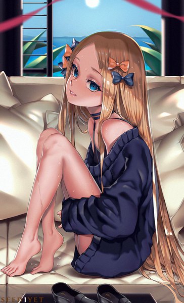 Anime picture 516x850 with fate (series) fate/grand order abigail williams (fate) viola (seed) single long hair tall image looking at viewer fringe blue eyes blonde hair sitting bare shoulders signed payot full body bent knee (knees) indoors parted lips barefoot