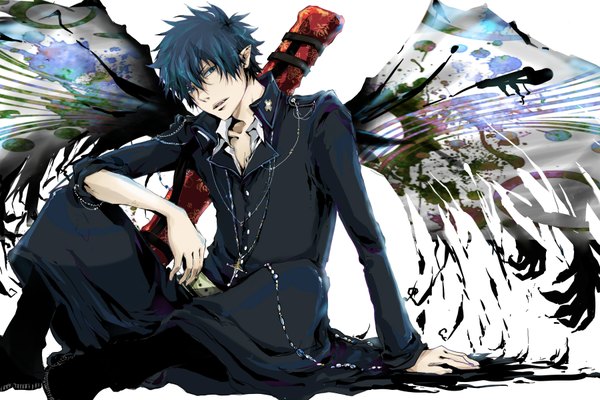 Anime picture 1800x1200 with ao no exorcist a-1 pictures okumura rin shiina yuka single highres short hair blue eyes simple background white background sitting blue hair pointy ears boy uniform sword wings choker cross beads