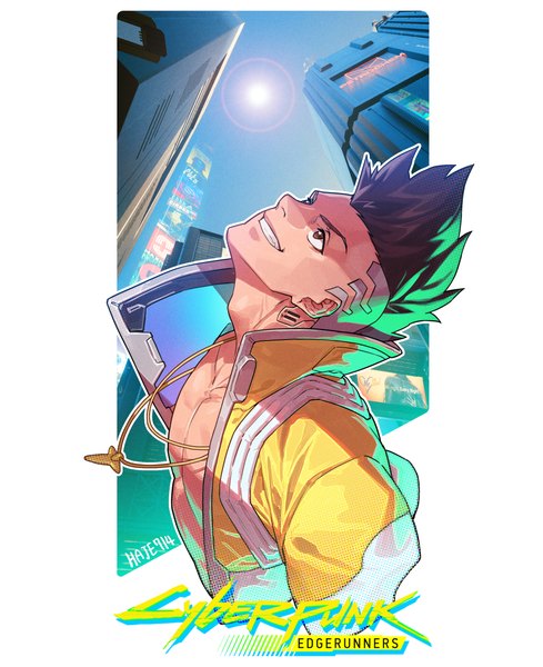 Anime picture 2274x2788 with cyberpunk edgerunners studio trigger david martinez haje single tall image highres short hair black hair smile brown eyes upper body copyright name grin looking up boy pendant sun
