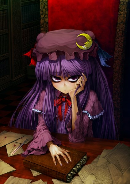 Anime picture 4961x7016 with touhou patchouli knowledge cff (artist) single tall image looking at viewer highres sitting purple eyes absurdres purple hair crescent head rest girl ribbon (ribbons) hat frills chair paper hat ribbon