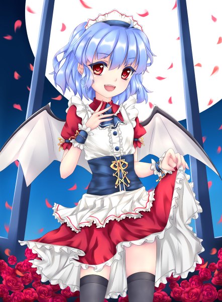 Anime picture 884x1200 with touhou remilia scarlet fred0092 single tall image looking at viewer short hair open mouth red eyes blue hair night girl flower (flowers) petals wings headdress rose (roses) moon