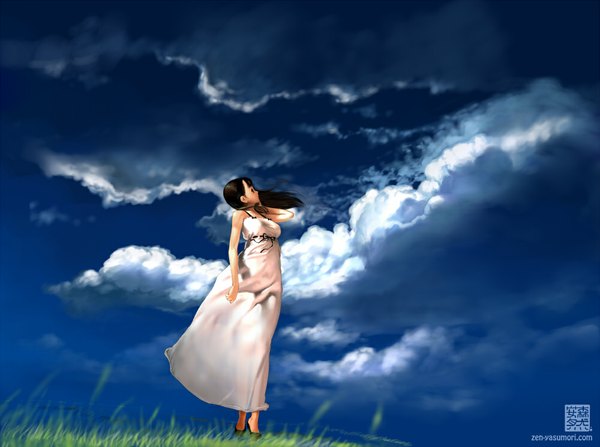 Anime picture 1000x746 with original yasumori zen single long hair brown hair bare shoulders signed sky cloud (clouds) profile wind wallpaper sleeveless girl dress plant (plants) white dress grass