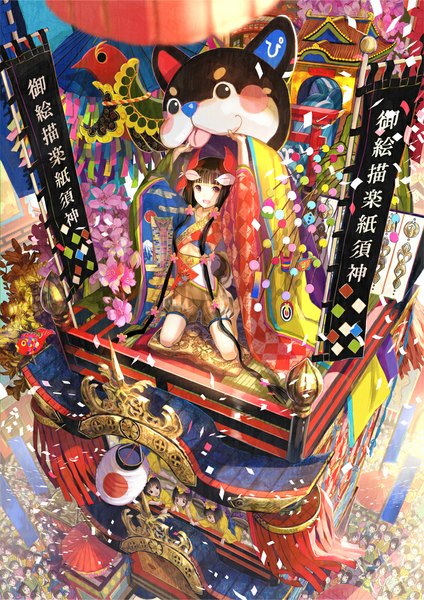 Anime picture 777x1100 with original fuzichoco long hair tall image looking at viewer short hair open mouth black hair red eyes traditional clothes from above kneeling girl flower (flowers) headdress umbrella oriental umbrella torii confetti people