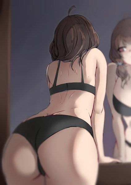 Anime picture 2894x4093 with girls frontline helianthus (girls frontline) neoguri single long hair tall image fringe highres breasts light erotic red eyes brown hair standing bare shoulders ahoge ass indoors from behind blurry arm support