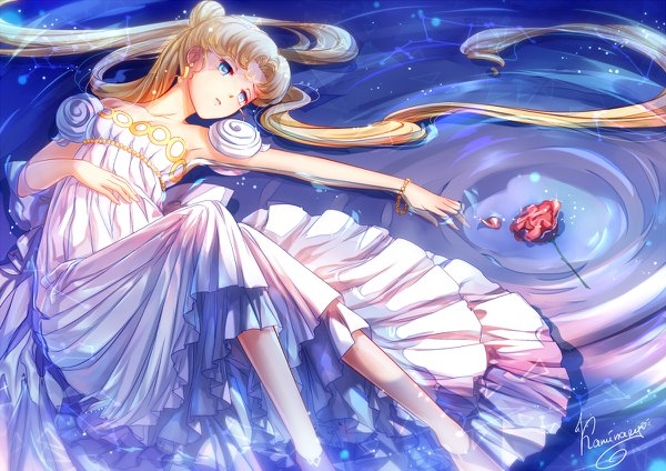Anime picture 1200x848 with bishoujo senshi sailor moon toei animation tsukino usagi princess serenity kaminary single blue eyes blonde hair twintails signed looking away lying very long hair hair bun (hair buns) outstretched arm forehead mark girl dress flower (flowers) petals