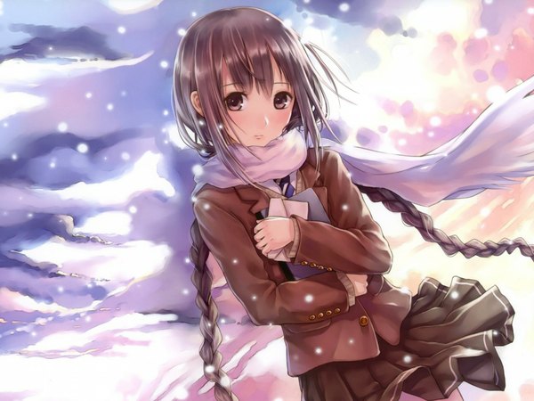 Anime picture 1024x768 with original kazuharu kina single looking at viewer blush brown hair brown eyes cloud (clouds) braid (braids) very long hair snowing winter snow cold girl skirt uniform school uniform scarf book (books)