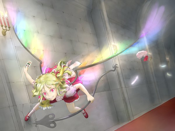Anime picture 1200x900 with touhou flandre scarlet kitanosnowwhite (artist) single short hair blonde hair red eyes glowing glowing eye (eyes) girl dress weapon wings feather (feathers) card (cards) candle (candles) laevatein (touhou)