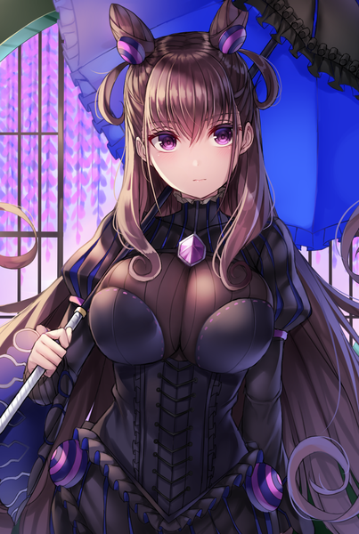 Anime picture 986x1468 with fate (series) fate/grand order murasaki shikibu (fate) syow (syoutamho) single long hair tall image looking at viewer blush fringe breasts light erotic hair between eyes brown hair large breasts standing purple eyes holding payot long sleeves