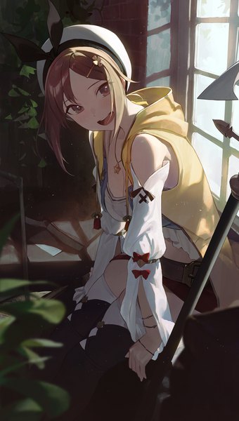 Anime picture 1500x2649 with atelier (series) atelier ryza gust (company) reisalin stout modare single tall image looking at viewer short hair open mouth brown hair sitting brown eyes indoors :d arm support girl window hood bobby pin