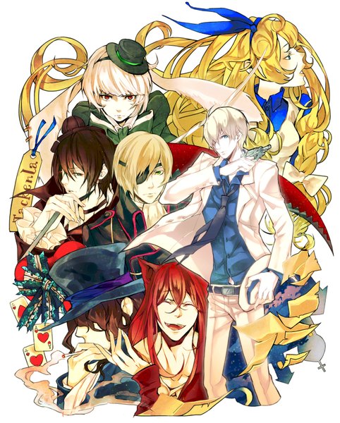 Anime picture 2750x3420 with are you alice alice (are you alice) cheshire cat (are you alice) marianne (are you alice) white rabbit (are you alice) mad hatter (are you alice) queen of hearts (are you alice) knave of hearts (are you alice) long hair tall image fringe highres short hair blue eyes simple background blonde hair red eyes brown hair white background green eyes