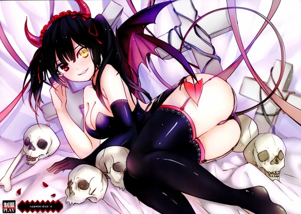 Anime picture 7014x5000 with date a live tokisaki kurumi sunege (hp0715) single long hair highres light erotic black hair smile twintails bare shoulders absurdres ass tail horn (horns) scan heterochromia girl thighhighs gloves