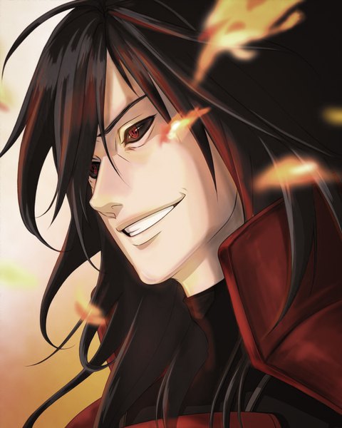 Anime picture 900x1126 with naruto studio pierrot naruto (series) uchiha madara shiroshikun666 single long hair tall image black hair smile red eyes looking away portrait third-party edit sharingan black sclera crazy smile boy armor fire