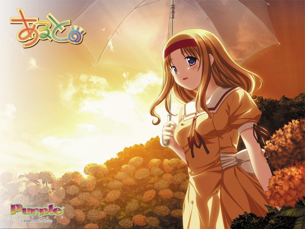 Anime picture 1600x1200 with alto purple software wakana chitose blonde hair purple eyes girl uniform school uniform umbrella