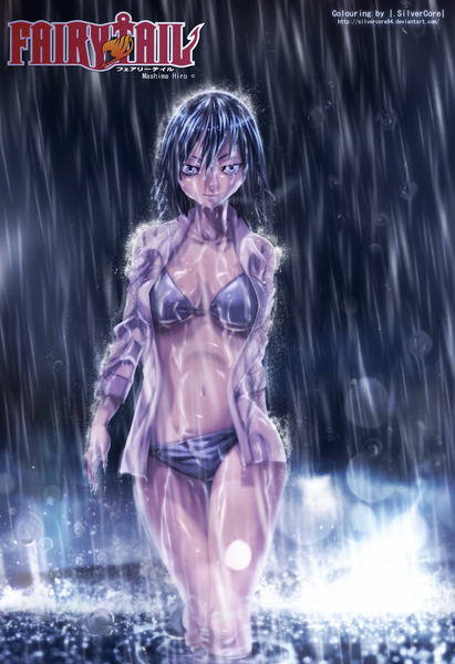 Anime picture 1024x1492 with fairy tail juvia lockser silvercore94 single tall image short hair blue eyes light erotic smile blue hair inscription open clothes bare belly wet open shirt coloring light rain girl navel