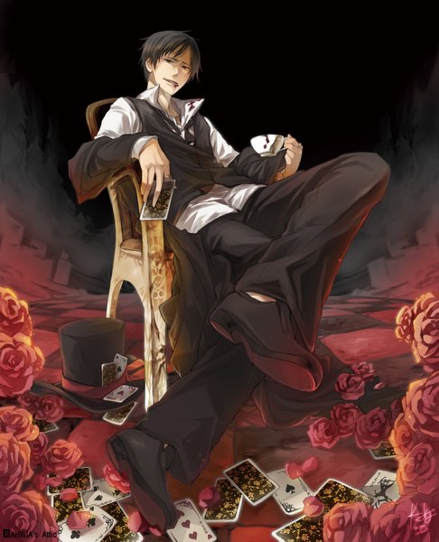 Anime picture 1500x1850 with alice in wonderland durarara!! brains base (studio) orihara izaya mad hatter rahwia single tall image short hair sitting crossed legs cosplay mad hatter (cosplay) boy flower (flowers) hat rose (roses) blood suit cup