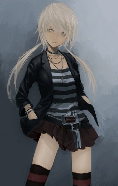 Anime picture 583x919 with original koh (minagi kou) single long hair tall image blue eyes simple background twintails looking away silver hair hands in pockets girl thighhighs skirt weapon miniskirt bracelet gun pendant jewelry
