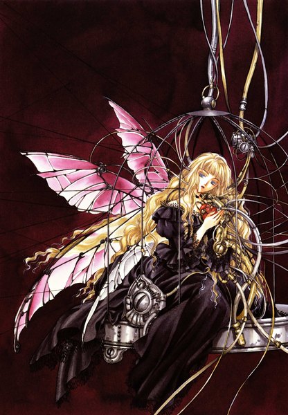 Anime picture 2637x3800 with clover (manga) clamp fairy park statue single long hair tall image highres blue eyes blonde hair sitting scan official art lipstick wavy hair red lipstick makeup traditional media insect wings butterfly wings mechanical wings