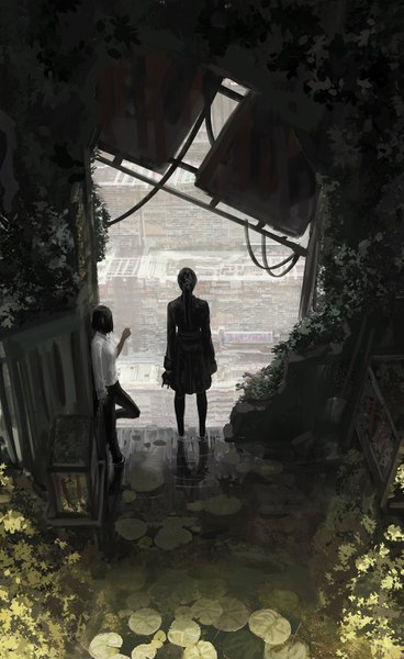 Anime picture 2518x4096 with original guweiz long hair tall image highres short hair black hair standing multiple girls holding full body ponytail long sleeves arm up from above from behind realistic partially submerged city standing on one leg